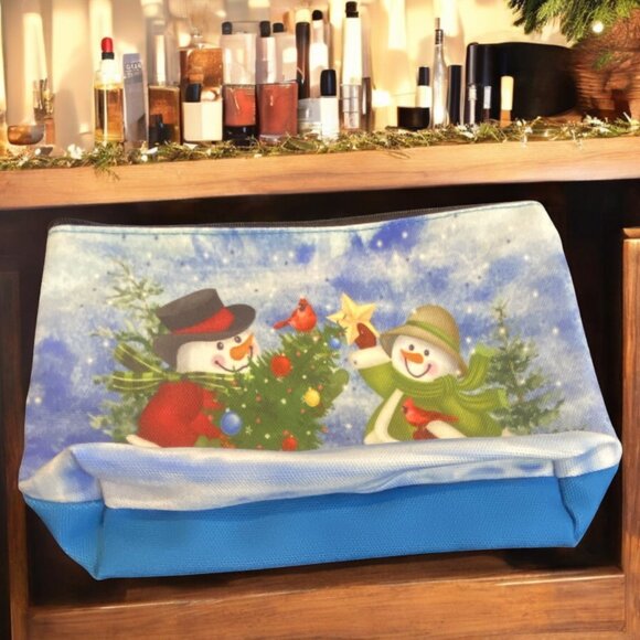 NEW Multi-Use Holiday Pouch -- Screen Print Snowmen, Zippered, Holiday Organizer - Picture 1 of 4